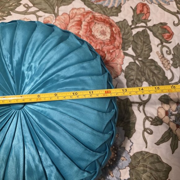 Round Borgata Decorative Throw Pillows Set Of 2 Turquoise Satin Pleated Design - Picture 4 of 7